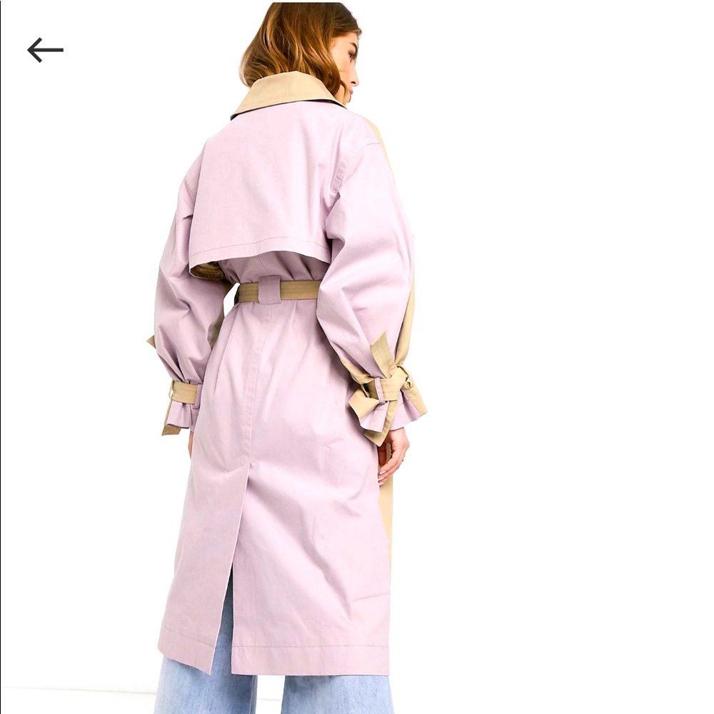 ASOS DESIGN COLOR BLOCK TIE SLEEVE TRNECH COAT LILAC PURPLE STONE TAN SIZE 8 EUC
